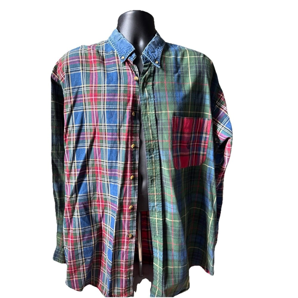 RARE! Vintage 90s  Men’s Nautica Patchwork Plaid Button Down Shirt XL Distressed